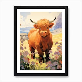 Animated Sweet Highland Cow With Flowers Art Print