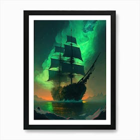 Pirate Ghost Ship with Green Sky Sunset Art Print