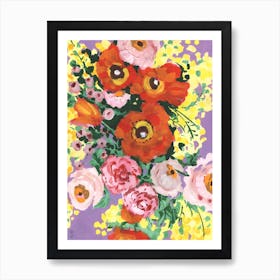 Red And Pink Bouqet On Violet Art Print