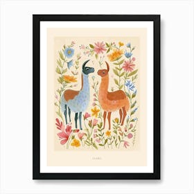 Folksy Floral Animal Drawing Llama Poster Art Print