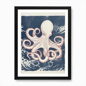 Red & Navy Blue Octopus In The Ocean Linocut Inspired 6 Art Print
