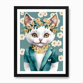 Floral Cute Cat In A Suit Cat Watercolor (4) Art Print