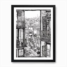 A Window View Of Buenos Aires In The Style Of Black And White  Line Art 1 Art Print