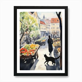 Food Market With Cats In Oslo 3 Watercolour Art Print