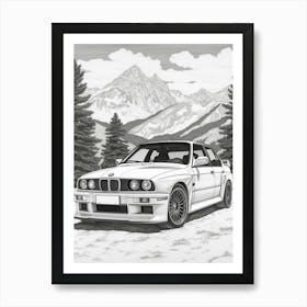 Bmw M3 Snowy Mountain Drawing 2 Art Print