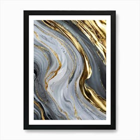 Abstract Marble Artwork Featuring Sinuous Gold And Silver Waves Flowing Amidst A Swirling Ocean Of V (1) Art Print