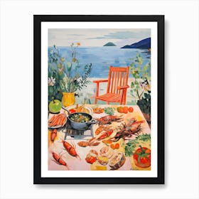 Mediterranean Seafood Lunch Summer Illustration  Art Print