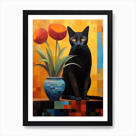 Black Cat With Tulips 2 Art Print