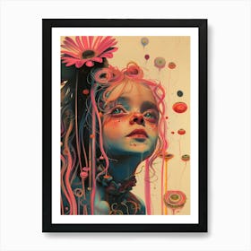 Illustration of Fairy kid Girl with Pink Hair in bloomy dream Art Print
