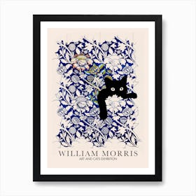 William Morris Peekaboo Cat Watercolour Blue Flower Botanical Art Print