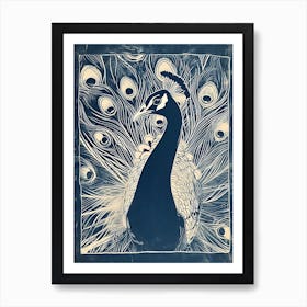 Linocut Inspired Peacock Rectangle Border Art Print