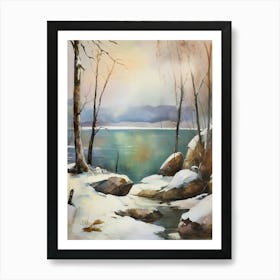 Ancient landscapes, old winter oil paintings and rocks around the lake bank. Snow is falling on the lake, old colors.7 2 Art Print