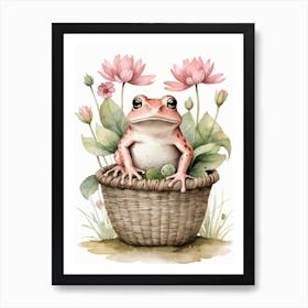 Cute Pink Frog In A Floral Basket (10) Art Print