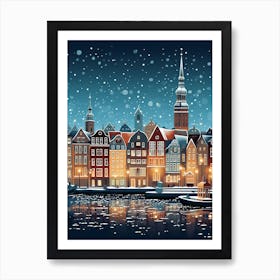 Winter Travel Night Illustration Copenhagen Denmark 3 Art Print