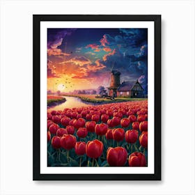 Lofi Anime Art: Vibrant tulip field at sunset with a rustic windmill reflected in the calm water. Bold colors and serene countryside elements evoke peaceful, dreamy vibes. Art Print