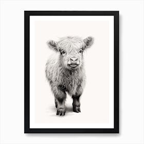 Black & White Illustration Of Baby Highland Cow 2 Art Print