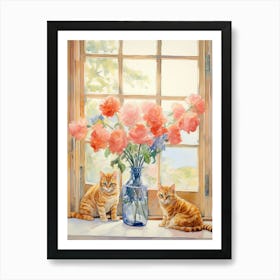 Cat With Freesia Flowers Watercolor Mothers Day Valentines 2 Art Print