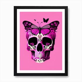 Skull With Butterfly Motifs 1 Pink Mexican Art Print