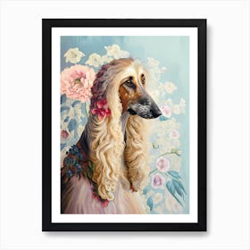 Afghan Hound Dog Portrait Retro Flowers Painting (1) Art Print