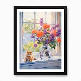 Cat With Azalea Flowers Watercolor Mothers Day Valentines 1 Art Print