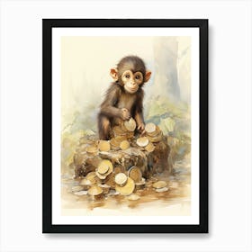 Monkey Painting Collecting Coins Watercolour 3 Art Print