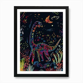 Abstract Neon Line Illustration Brachiosaurus 5 Art Print