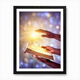 A Hand Gently Holding Open A Holy Bible To Highlight A Passage Surrounded By A Soft Glow That Sugge (4) Art Print