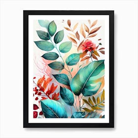 Watercolor Of Flowers And Leaves nature Art Print