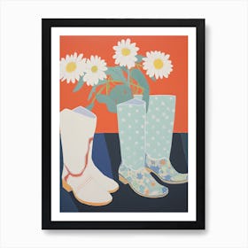 A Painting Of Cowboy Boots With Daisies Flowers, Pop Art Style 1 Art Print