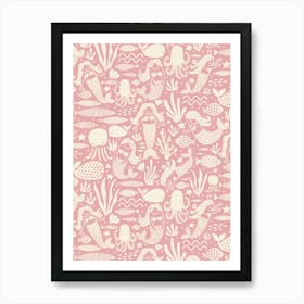 Underwater Mermaids and Sea Life Block Print White on Light Pink Kids Art Print