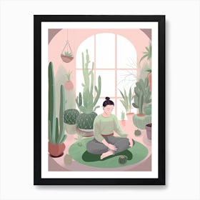 A Woman Doing Yoga With Cacti Illustration 7 Art Print