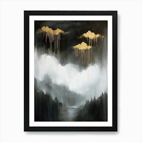 moody and luxurious painting of Golden rain clouds over misty forest in monochrome black, white & metallic gold – atmospheric abstract landscape in the style of surrealism, ideal for modern living rooms, luxe offices, or minimalist interiors Art Print