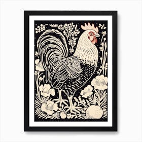 B&W Bird Linocut Chicken 3 Art Print