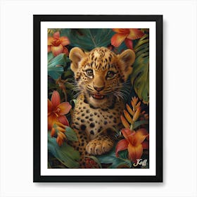 A Happy Front faced Leopard Cub In Tropical Flowers Art Print
