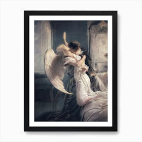 Mihály Von Zichy - Romantic Encounter (1864) Psyche Cupid - Hungarian Artist Oil Painting 'The Kiss' Renaissance Valentines The Lovers Ancient Vintage Dark Aesthetic Beautiful Angel in Love With Human Mythology Artwork Remastered HD 1 Art Print