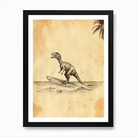 Vintage Troodon Dinosaur On A Surf Board 1 Art Print