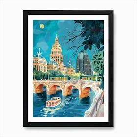 Storybook Illustration Congress Avenue Bridge Austin Texas 3 Art Print