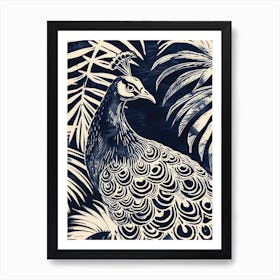 Navy Blue Peacock With Tropical Leaves 3 Art Print