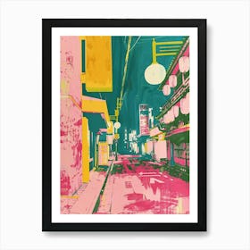 Japan Pink Silkscreen Street Scene Art Print