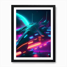 Spaceship Neon Nights Space Art Print