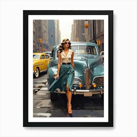 New York Middle 20th Century Walking Girl Retro Cars 6 Art Print