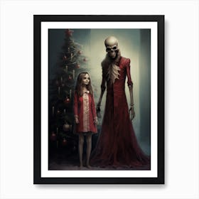 A Skeleton And A Girl Near A Christmas Tree Art Print