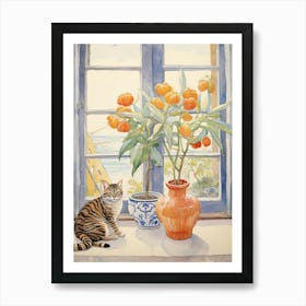 Cat With Birth Of Paradise Flowers Watercolor Mothers Day Valentines 1 Art Print