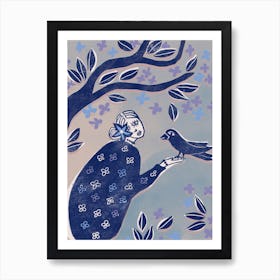 Lady In Blue With Bird Art Print