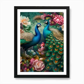 Peacocks And Flowers Póster