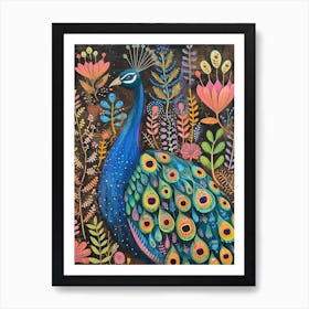 Folk Floral Peacock In The Wild 4 Art Print