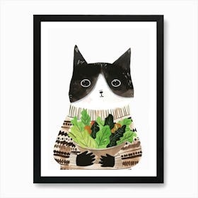 Black And White Cat Eating Salad Folk Illustration 4 Art Print