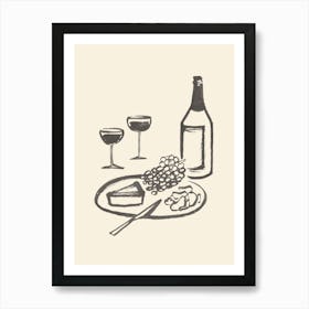 Wine and Cheese Aperitif Kitchen Illustration - Monochrome Art Print