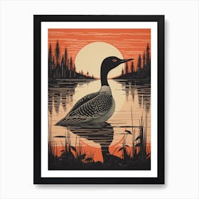 Vintage Bird Linocut Loon 2 Art Print