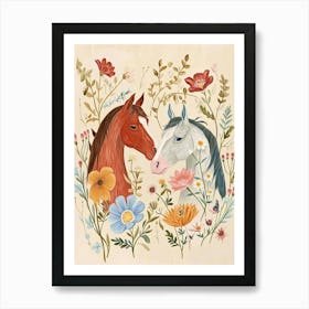 Folksy Floral Animal Drawing Horse 3 Art Print